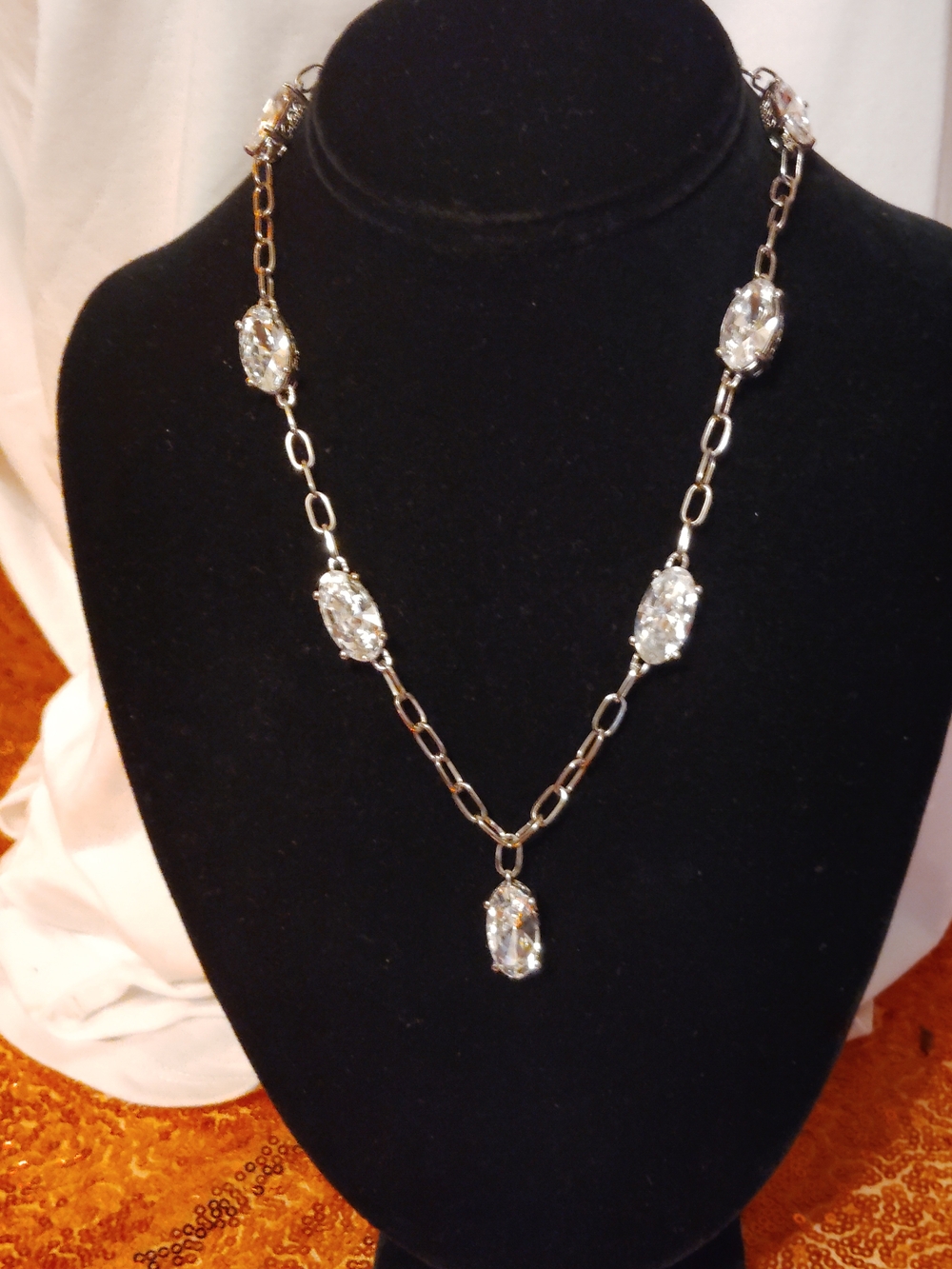 Crystal Link Drop Necklace - Silver Tone
